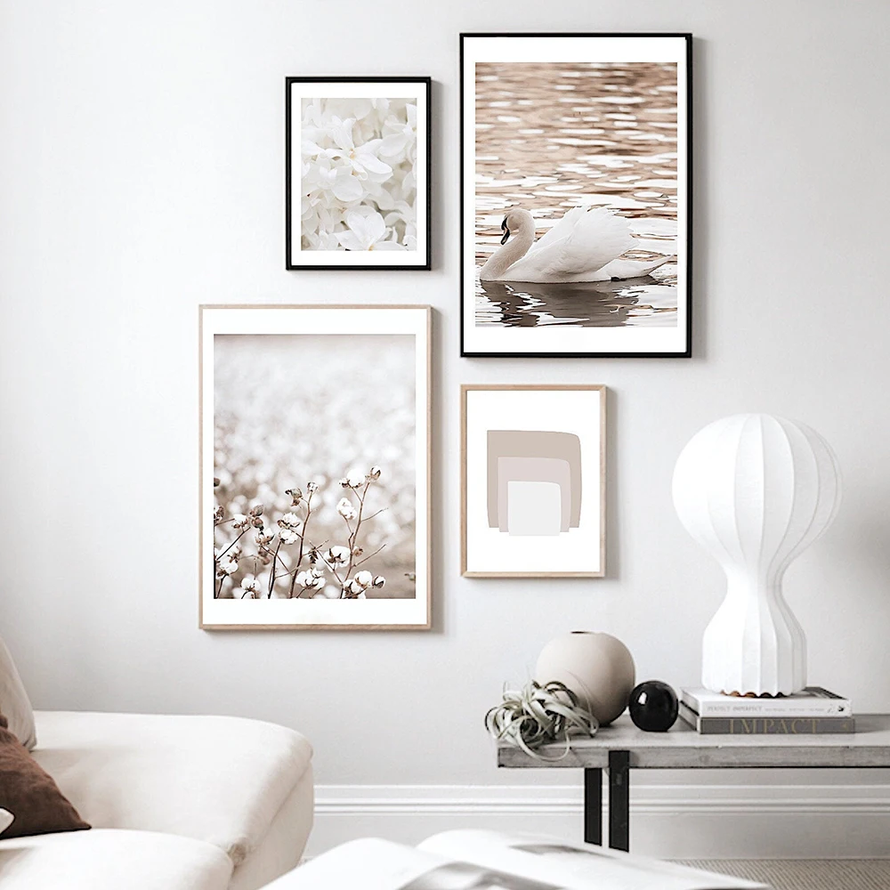 

Абстрактные бежевые квадраты лебедь цветок хлопковое поле настенная Картина на холсте скандинавские плакаты и принты настенные картины дл...