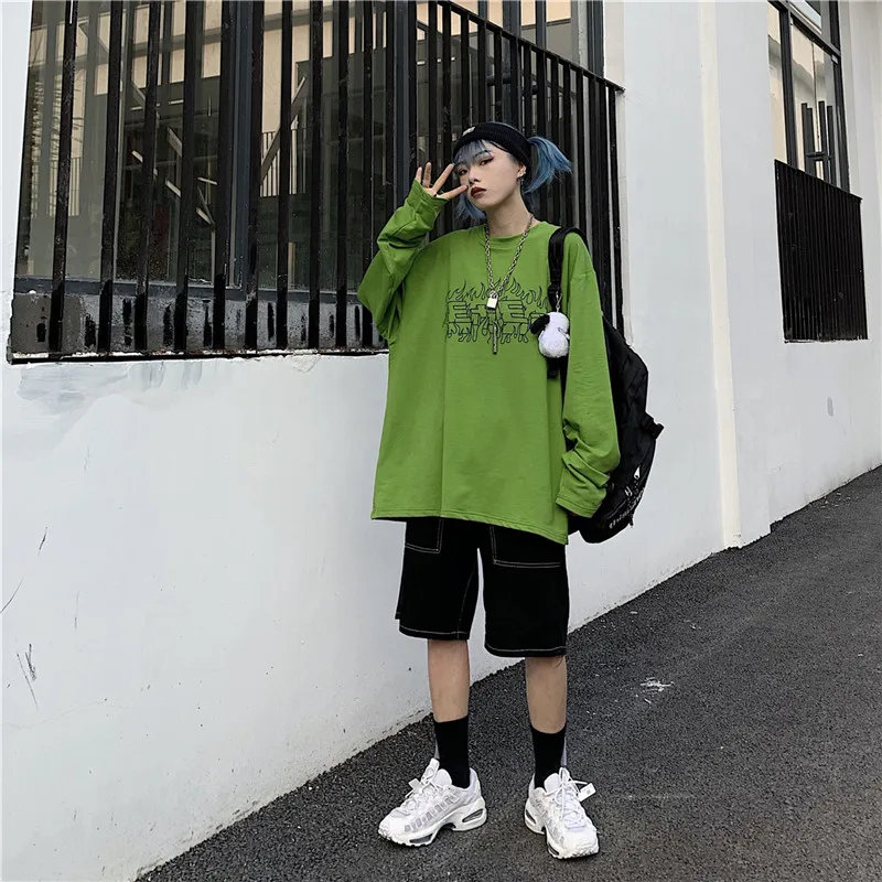 Lychee Harajuku, чистый цвет, длинный рукав, женская футболка, пламя, буквенный принт, осень, женская футболка, свободная, зеленая, женская футболка