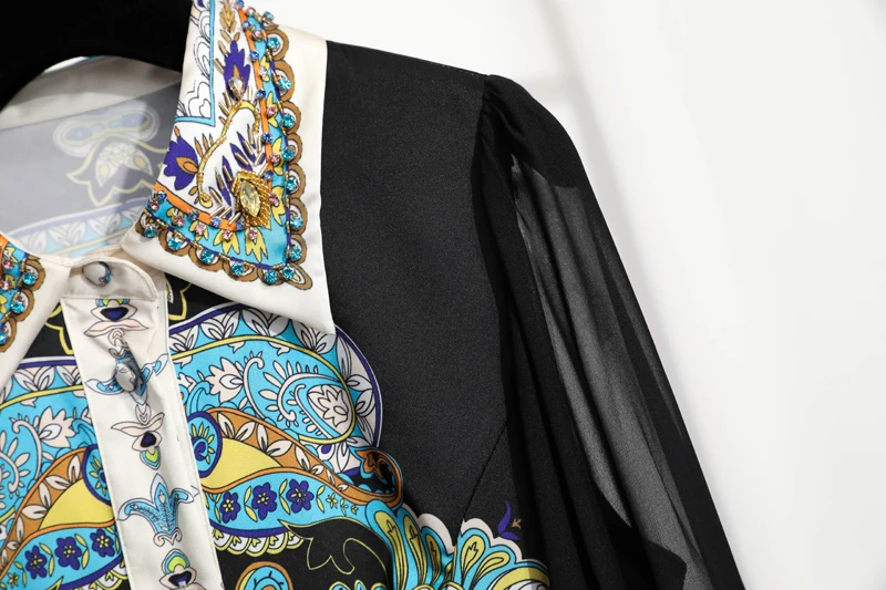

Women's Runway Dresses Turn Down Collar Long Sleeves Beaded Printed Elegant Autumn Vestido Dresses