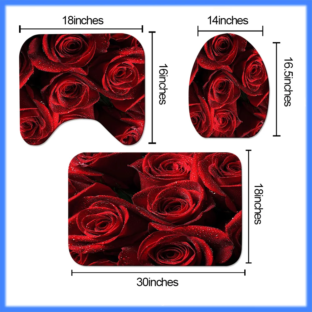 

Valentines Shower Curtain Set with Non-Slip Rugs Toilet Lid Cover and Bath Mat Red Rose Bathroom Curtain Romantic Bath Curtains