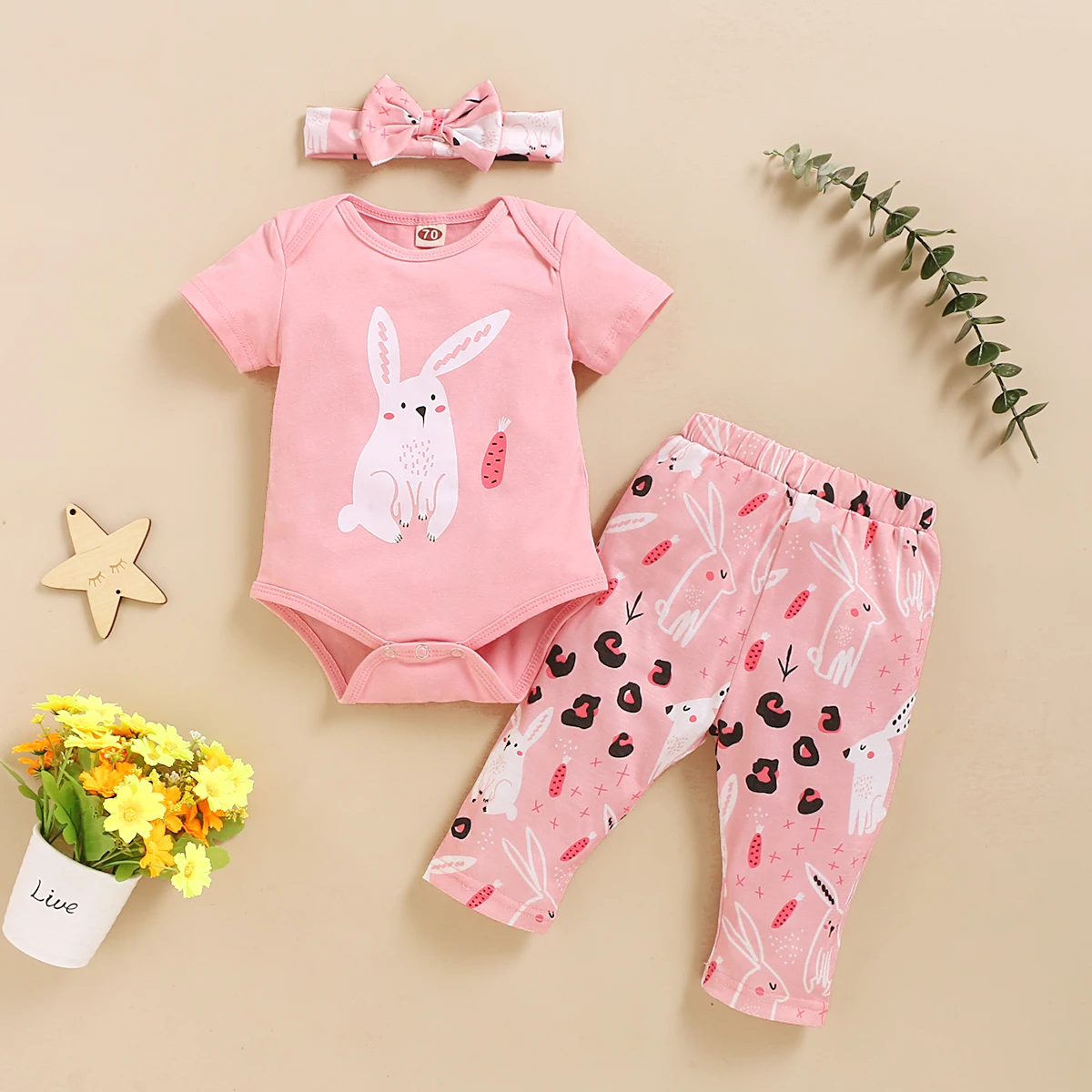 

Baby Girl Clothes 0-18 Months Cartoon Rabbit Printed Romper And Pants Headband Suits 3Pcs Short Sleeve Summer Newborn Girls Sets