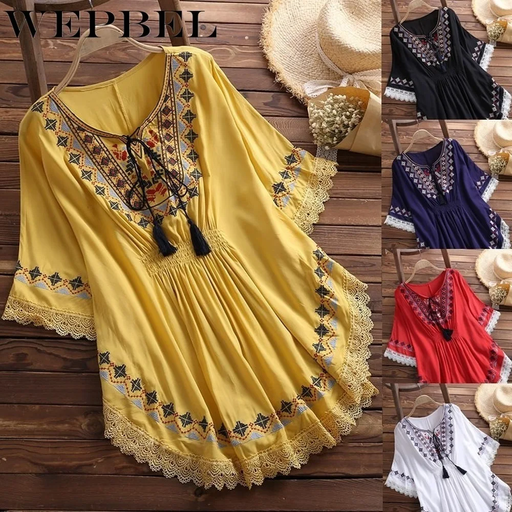 WEPBEL Ретро Для женщин хлопок в фольклорном стиле Свободная блуза платье с