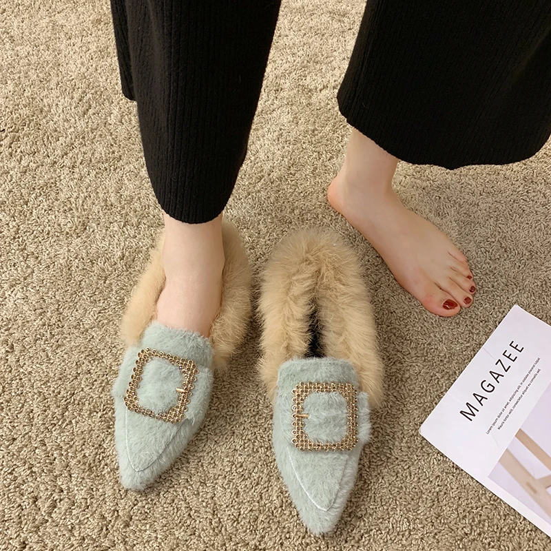 Женская обувь с мехом норки Мокасины острым носком и металлической квадратной