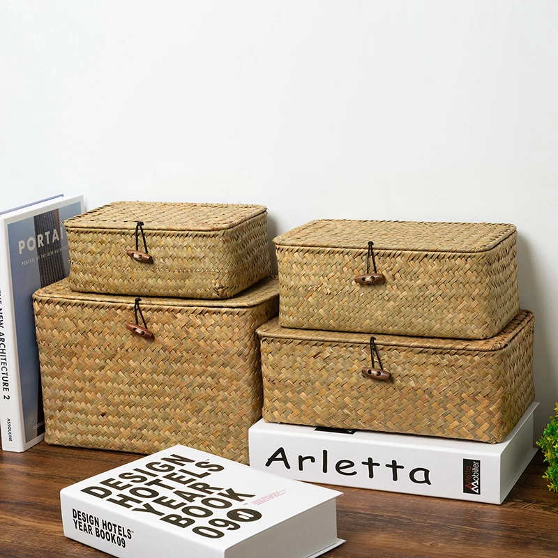 

Seagrass Woven Storage Box Handmade Wicker Storage Basket with Lid Sundries Jewelry Cosmetic Container Home Desktop Organizer