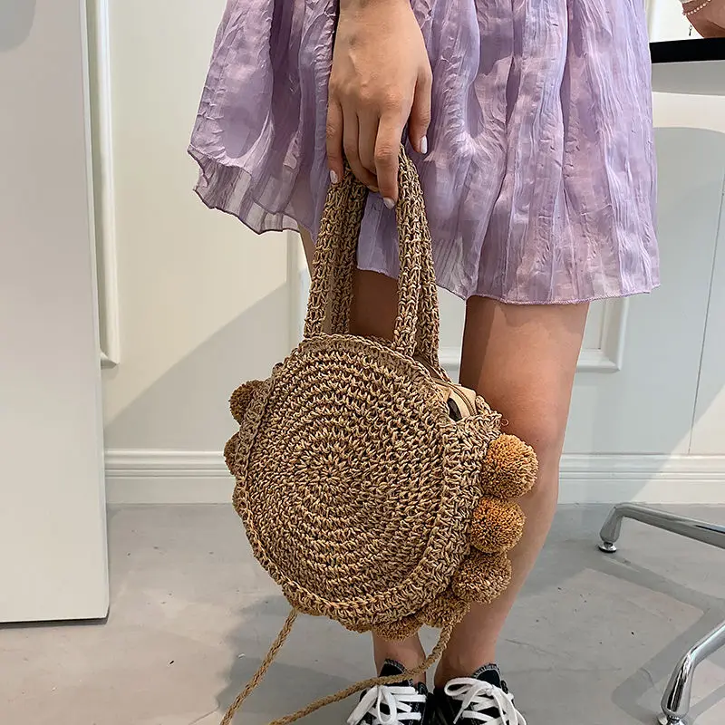 

Japan Casual Style Brown Round Straw Bag 2022 Summer Beach Women's Small Handbag With Pompoms Sweet Girl Shoulder Bag Uncle Nine