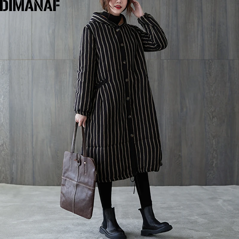 

Женская флисовая парка DIMANAF, теплая винтажная куртка в полоску с флисовой подкладкой и капюшоном, верхняя одежда в стиле оверсайз для зимы