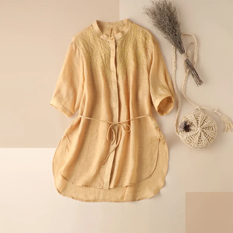 

Shuchan Embroidery Yellow Blouse Women Back To The Basics Solid Ramie O-Neck Button Up Shirt 2021 Long Sleeve Blouse