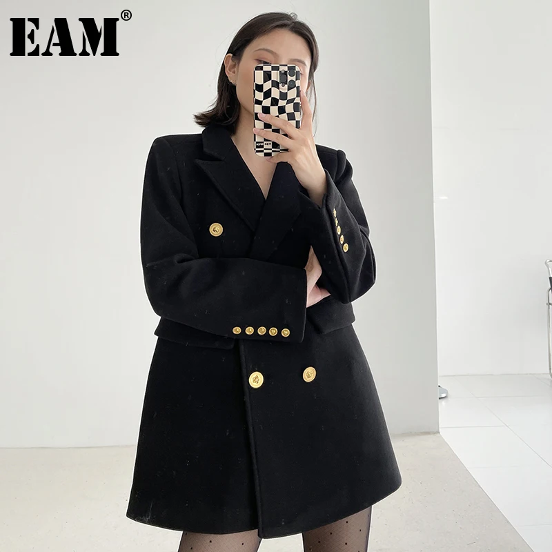 

[EAM] Women Black Double Breasted Blazer New Lapel Long Sleeve Loose Fit Jacket Fashion Tide Spring Autumn 2021 1DE3599