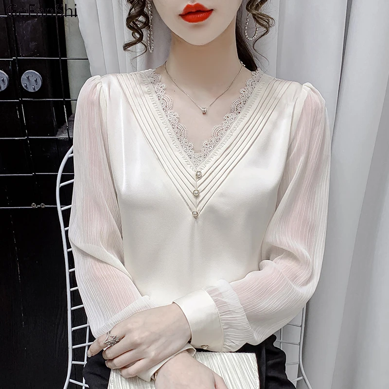 

New Spring Autumn V-Neck Blouse Shirt Women Korean Chiffon Long Sleeve Sweet Elegant Fashion Blouses Tops Simple Blusas