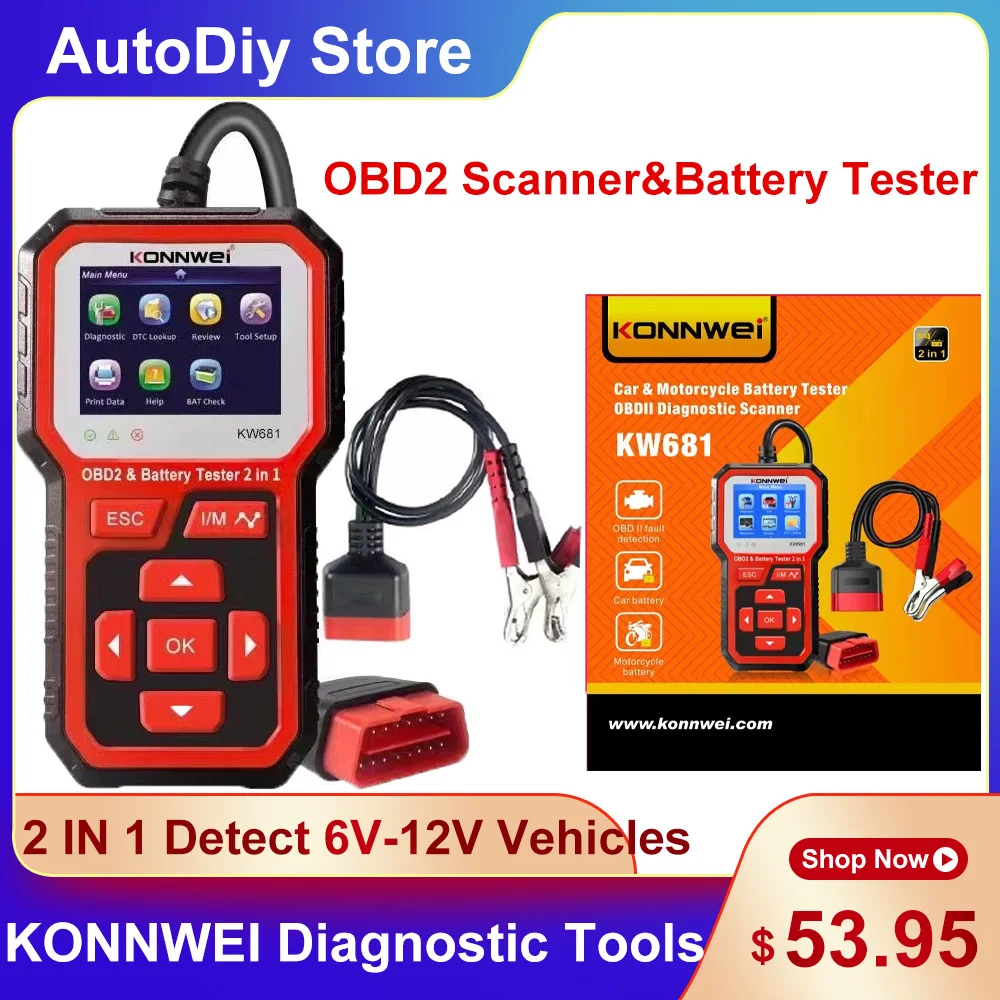 

KONNWEI 2021 Newest KW681 OBD2 Car/Motorcycle Scanner&Battery Tester Analyzer 2 In 1 Diagnostic Tools Test 6V-12V Multi-Language