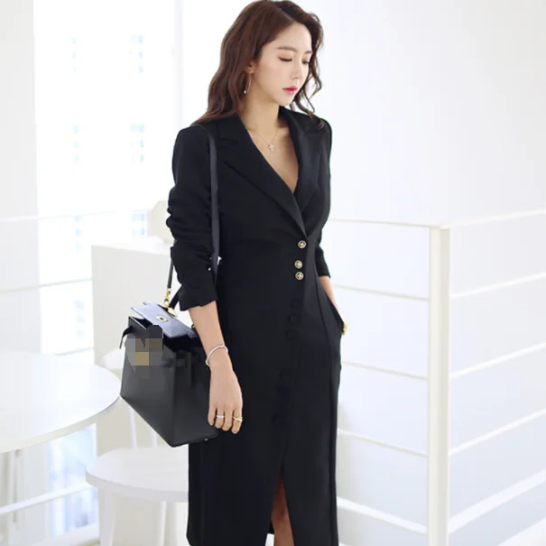 Деловое 2020 облегающее женское платье Осеннее Формальное черное однобортное для