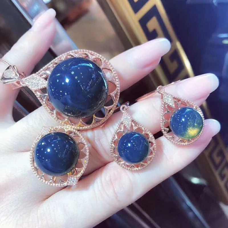 Rose gold Set MeiBaPJ Мехико Синий Янтарный камень украшения с каплями воды набор Подлинная 925 Серебряное ожерелье кольцо хорошие Свадебные украшения для женщин - Цвет камня: Rose gold Set