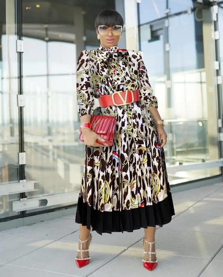 

2021Summer New Street Fashion Midi Dress Women Turn Down-Neck Long Sleeve Multicolor Geometry Pattern Print A-Line Pleated Dress