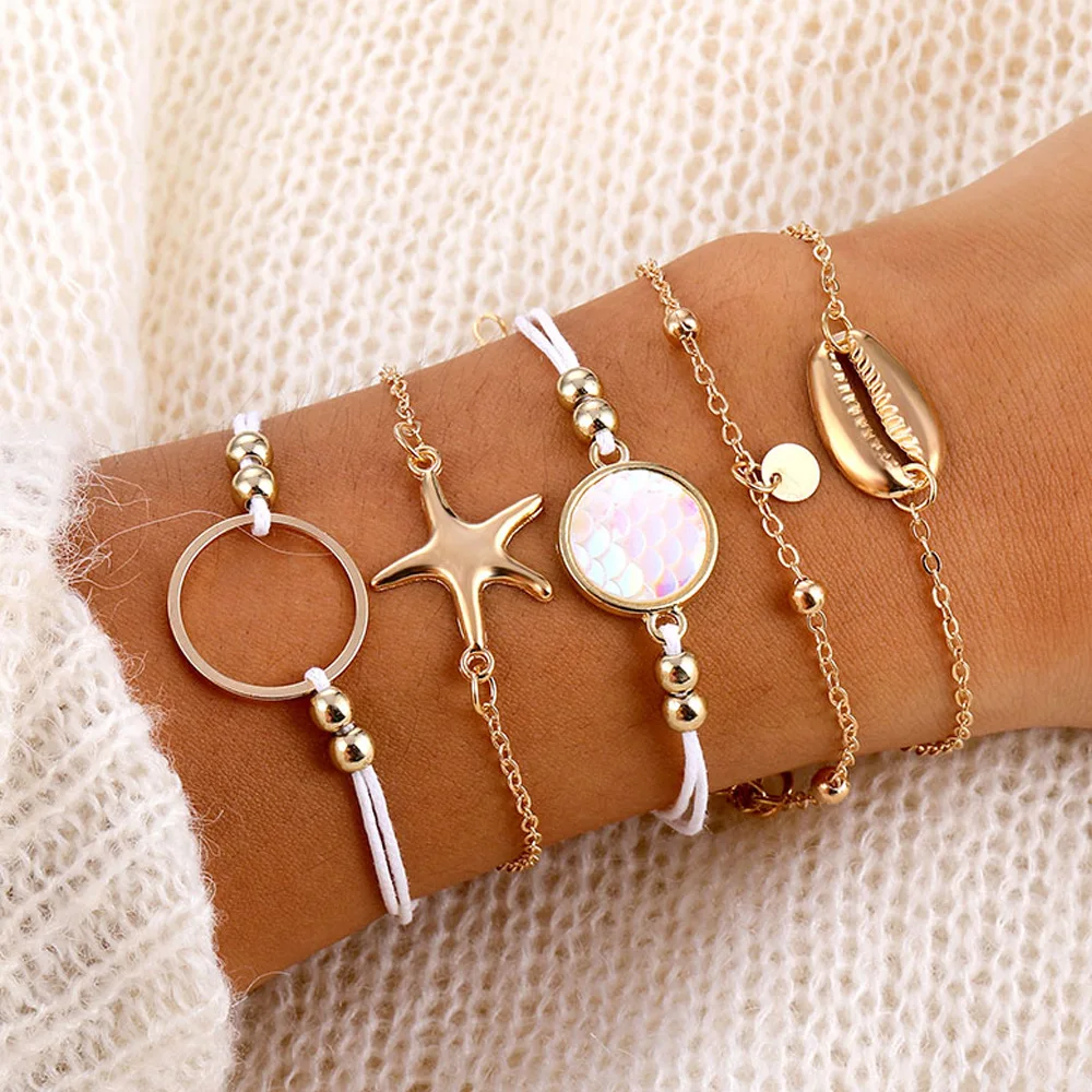 

New fashion metal shell hand ornaments fish scale sequins bracelet starfish pendant 5-piece set