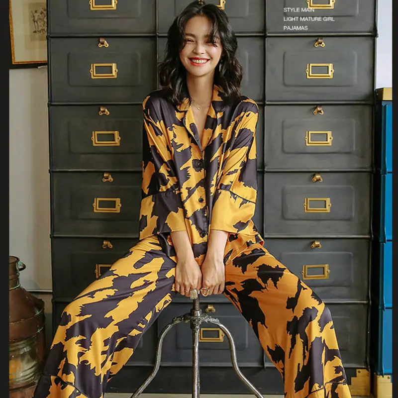 QWEEK Satin Women's Pajamas Silk Sleepwear Autumn Pijama Animal Print Female Set Woman 2 Pieces Leopard Pyjamas Goth Loungewear