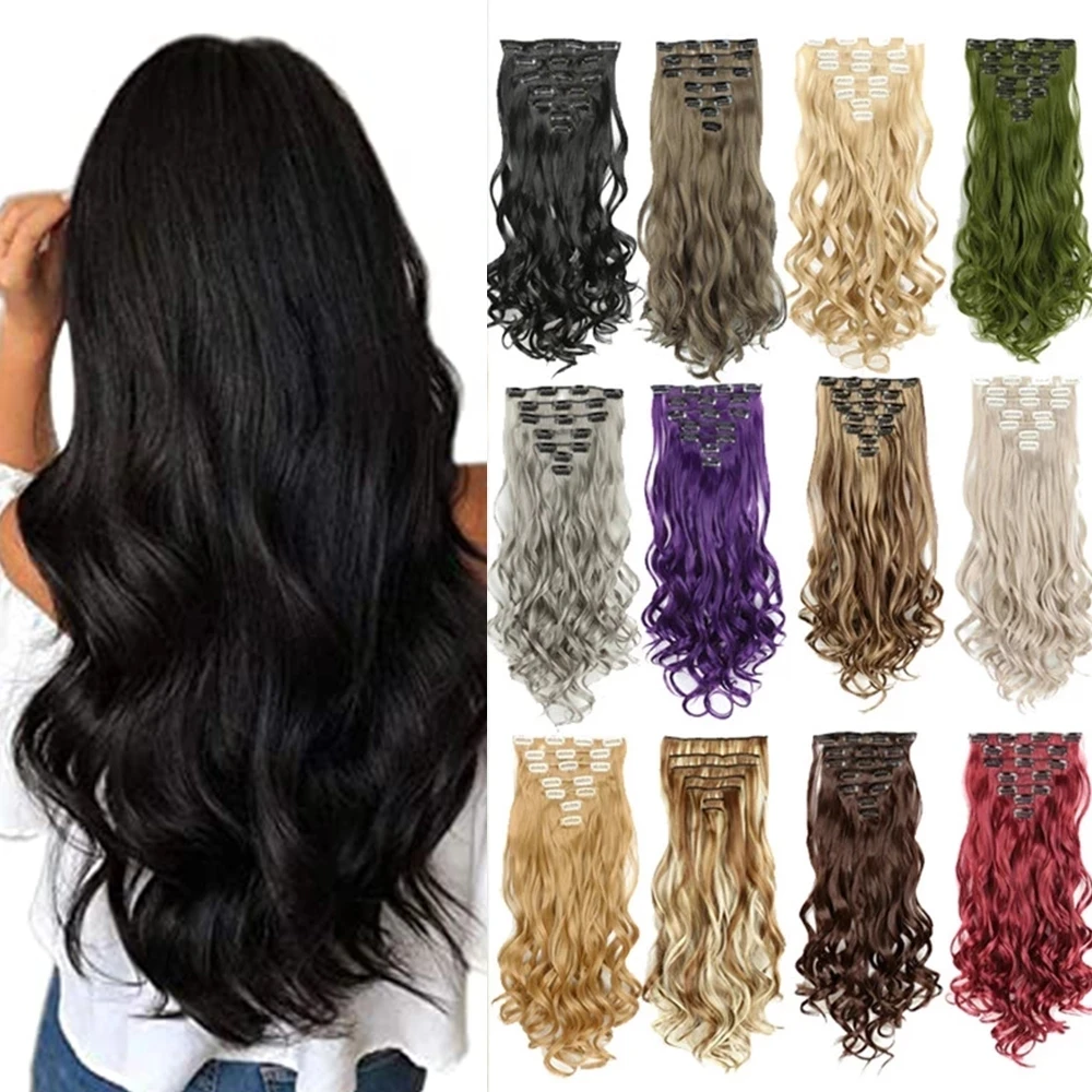Synthetic Hair 16 clips Long Straight Synthetic Hair Extensions Clips in High Temperature Fiber Black Brown Hairpiece