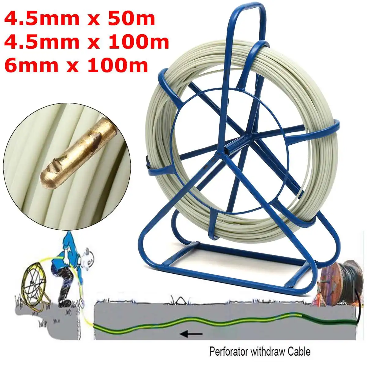 

4.5/6mm 50/100m Fish Tape Fiberglass Wire Cable Running Rod Duct Rodder Fishtape Puller For Floor Conduit Telecom Wall 210 (g/m)