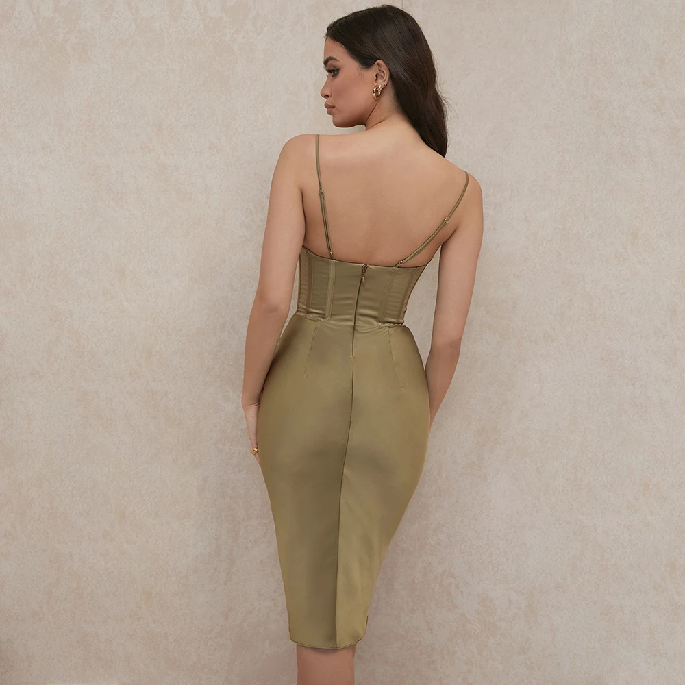 

Fyrneh Woman Dress 2021 Spring Summer Midi Elegant Spaghetti Strap Blackless Sexy Stain Party Dress