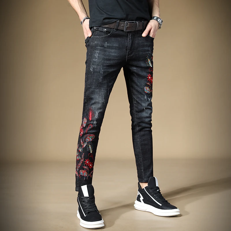 Бесплатная доставка новинка мужские черные джинсы с вышивкой 98% хлопок узкие
