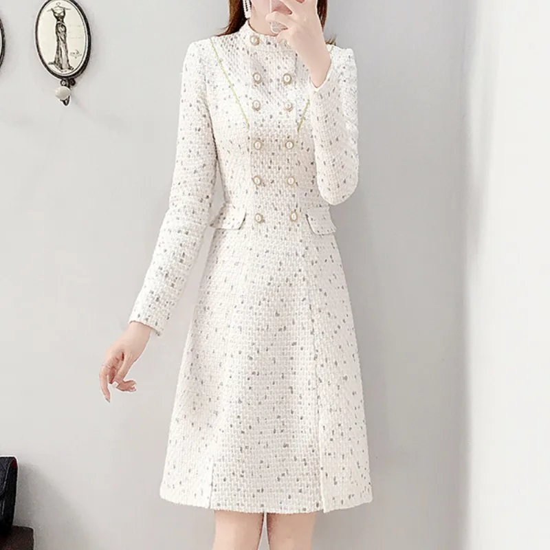 New Arrival Autumn Winter Women Elegant Tweed Double Breasted Stand Collar Long Sleeve Female Fashion Chic Dresses Vestidos