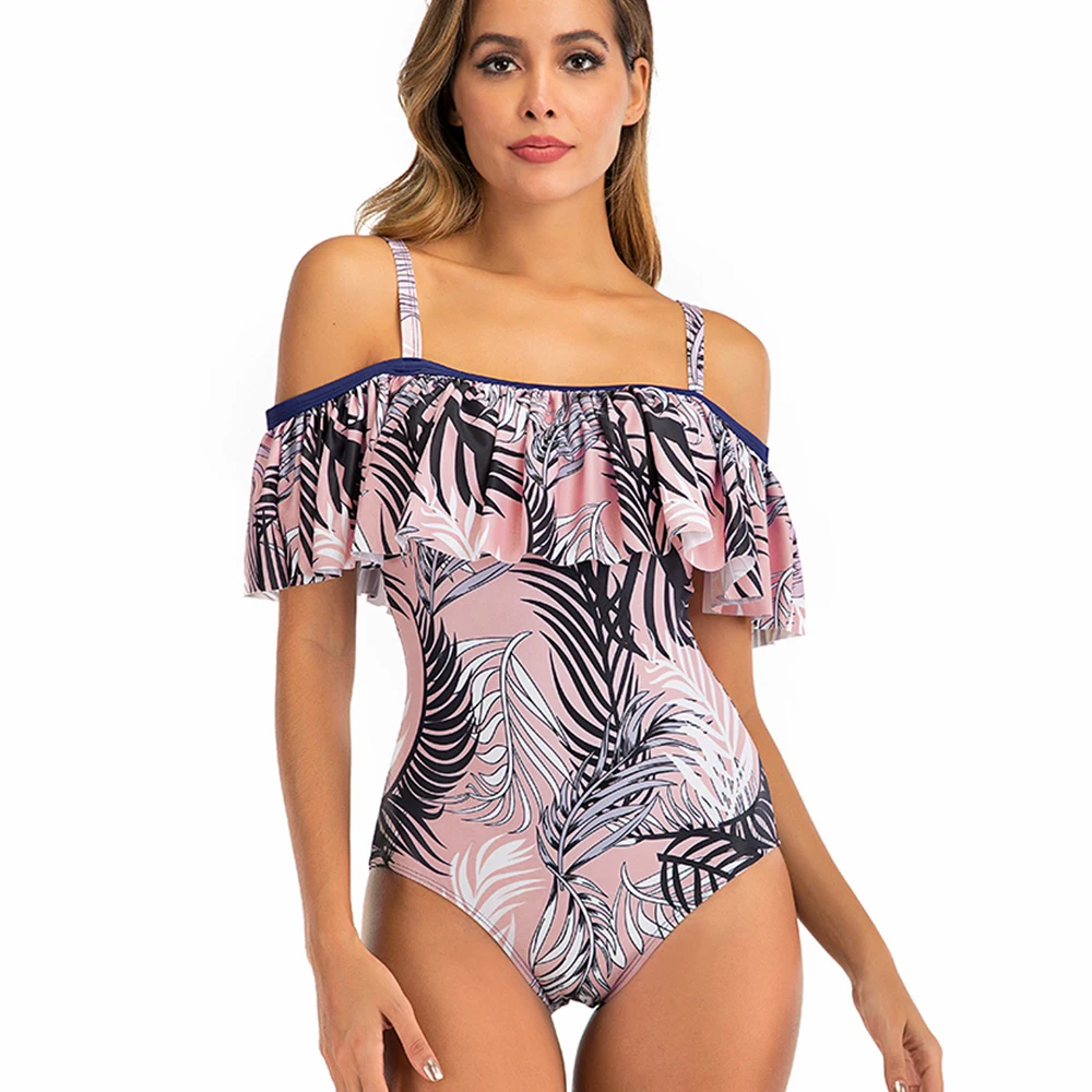 Большой размер купальник с открытыми плечами рюшами Цельный сексуальный высоким