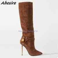 abesire long boots black slip on lock decor metal stiletto heels pointed toe knee high women new autumn winter big size shoes