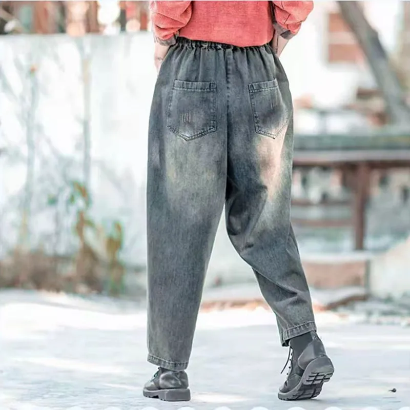 

Spring Women Vintage Floral Embroidered Denim Harem Pants Feminino High Waist Streetwear Distressed Ripped Jeans Pants Trousers