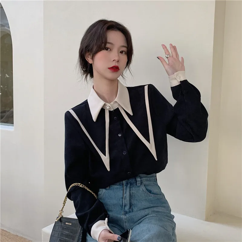 

Fashion Patchwork Turn-down Collar Long Sleeve Ladies Tops Spring Autumn Loose Causal Corduroy Blouses Shirts Women's Clothing