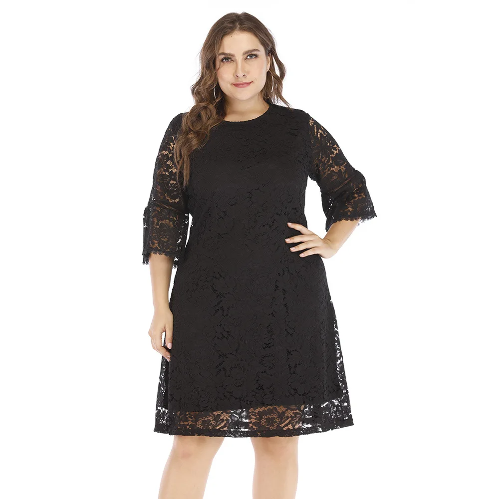 

2019 winter women large size lace dress loose A-line evening party short dress big size black white elegant plus size dresses