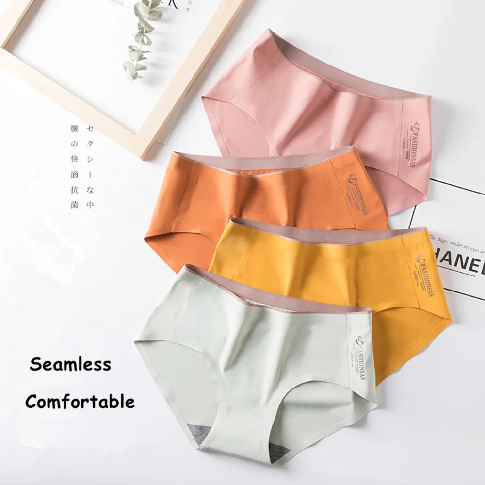 

New Women Panties Seamless Briefs Soft Ice Silk Underpants Sexy Underwear Letter Mid Waist Pants Lingerie Panties Female Thong