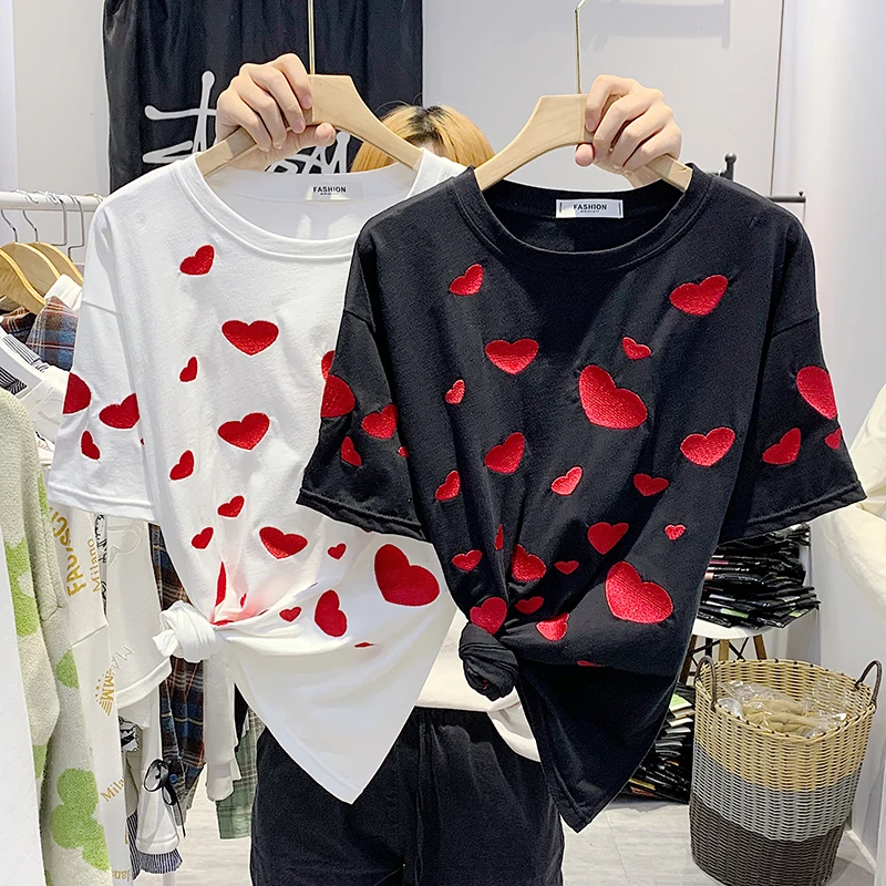 Футболка с вышивкой в виде сердца хлопковые белые женские топы летние черные
