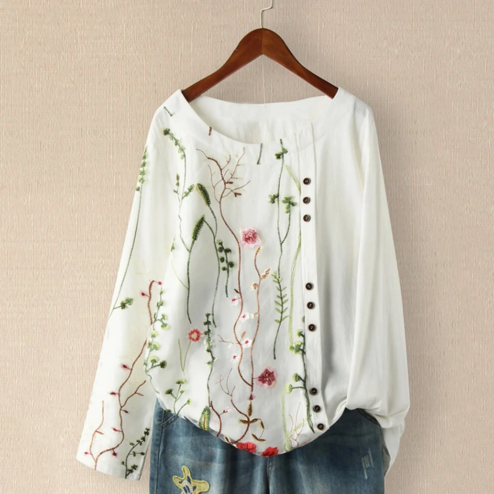

Women Blouse Cotton And Linen Casual Solid Embroidery Printed Long Sleeve Shirt Mesh Splice Loose Blouse Top Camisas De Mujer