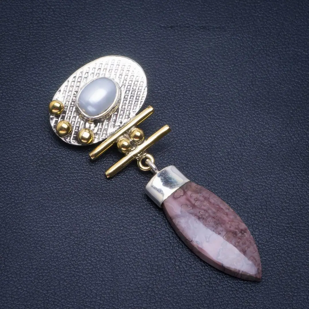 

Natural Two Tones Coffee Bean Jasper&River Pearl Handmade Unique 925 Sterling Silver Pendant 2" B3196