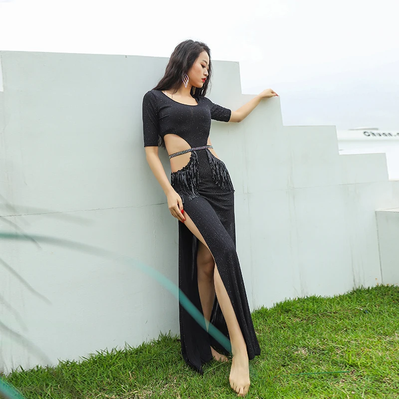 Женская юбка для танца живота с высоким разрезом и кисточками фолк-представлений