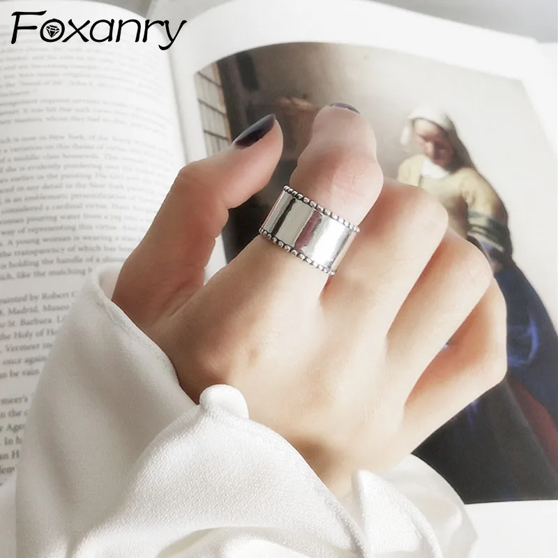 

Foxanry New 925 Stamp Wide Rings for Women Summer Trendy Vintage Charm Glossy Simple Couples Party Jewelry Wholesale