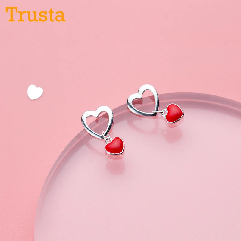 Trusta 925 пробы серебряные женские ювелирные изделия, модные маленькие серьги-гвоздики с красным сердцем 9 мм X 16 мм для девочек DS577