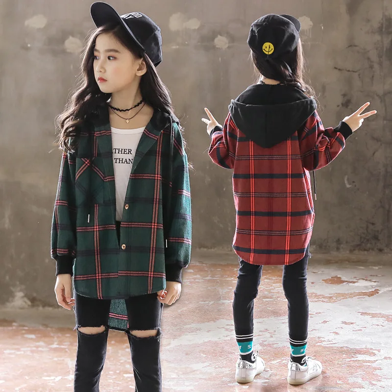 Hot 2019 Children Blouse Girl Cotton Green/Red Plaid Shirts for Teenagers Spring Autumn Fashion Hooded Cardigan Jacket 3 14Yrs|Блузки и