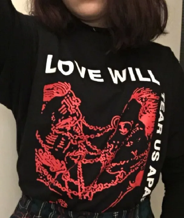HAHAYULE-JBH Love Will Tear Us Apart Graphic Tee Unisex Tumblr Fashion Grunge Black Tee Hipsters Punk Style Top