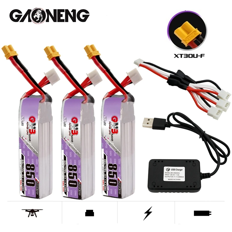 

GNB 11.4V 850mAh Max 120C 3S HV Lipo Battery XT30U-F Plug With Charger for FPV Racing Drone 4 Axis UAV Quadcopter RC Drone Parts