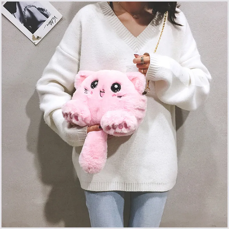 New Chain Crossbody Bag Women Cute Plush Cat Shoulder Female Casual Cartoon Zipper Soft Fake Fur Mini Messenger Bags XB50015 | Багаж и