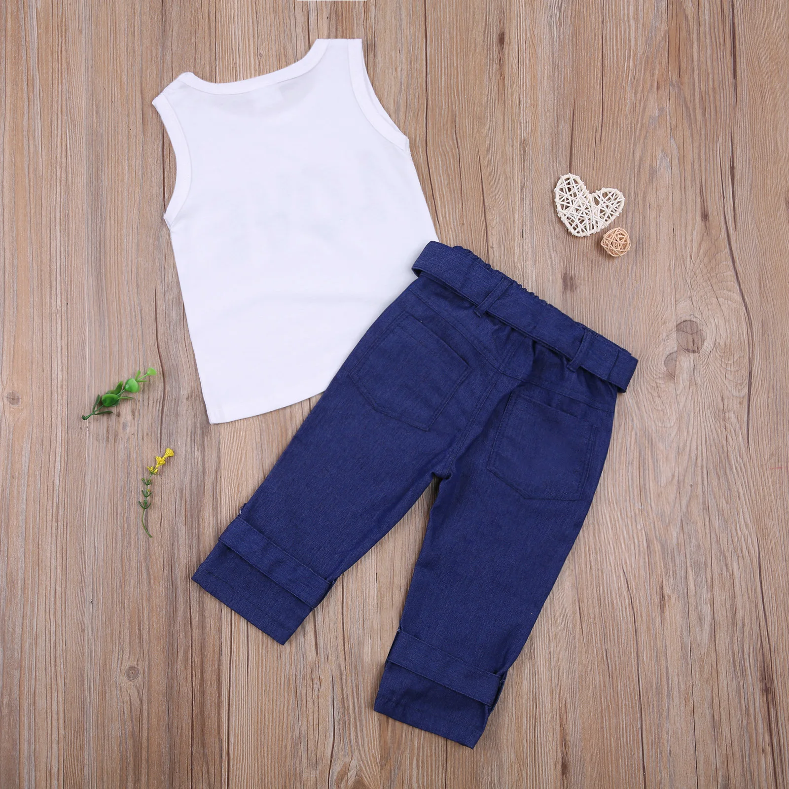 

2021 New Summer 1-6Y Baby Girl 2Pcs Set LOVE Floral Sleeveless Letter Print Tank Top+Belt Blue Pocket Pants Children Clothes