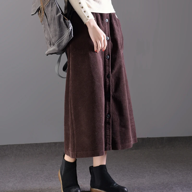 Lucyever Women Corduroy Long Skirt Autumn Winter Vintage Loose A-line Female High Waist Plus Size Thick Warm Ladies Faldas