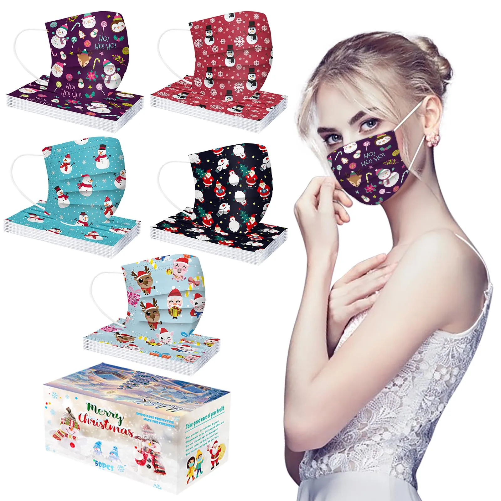 

50 Pcs Mix Adult Disposable Facemask Christmas Printed Dust Proof Cute Cartoon 3ply Earloop Masks Mascarilla Mascarilas