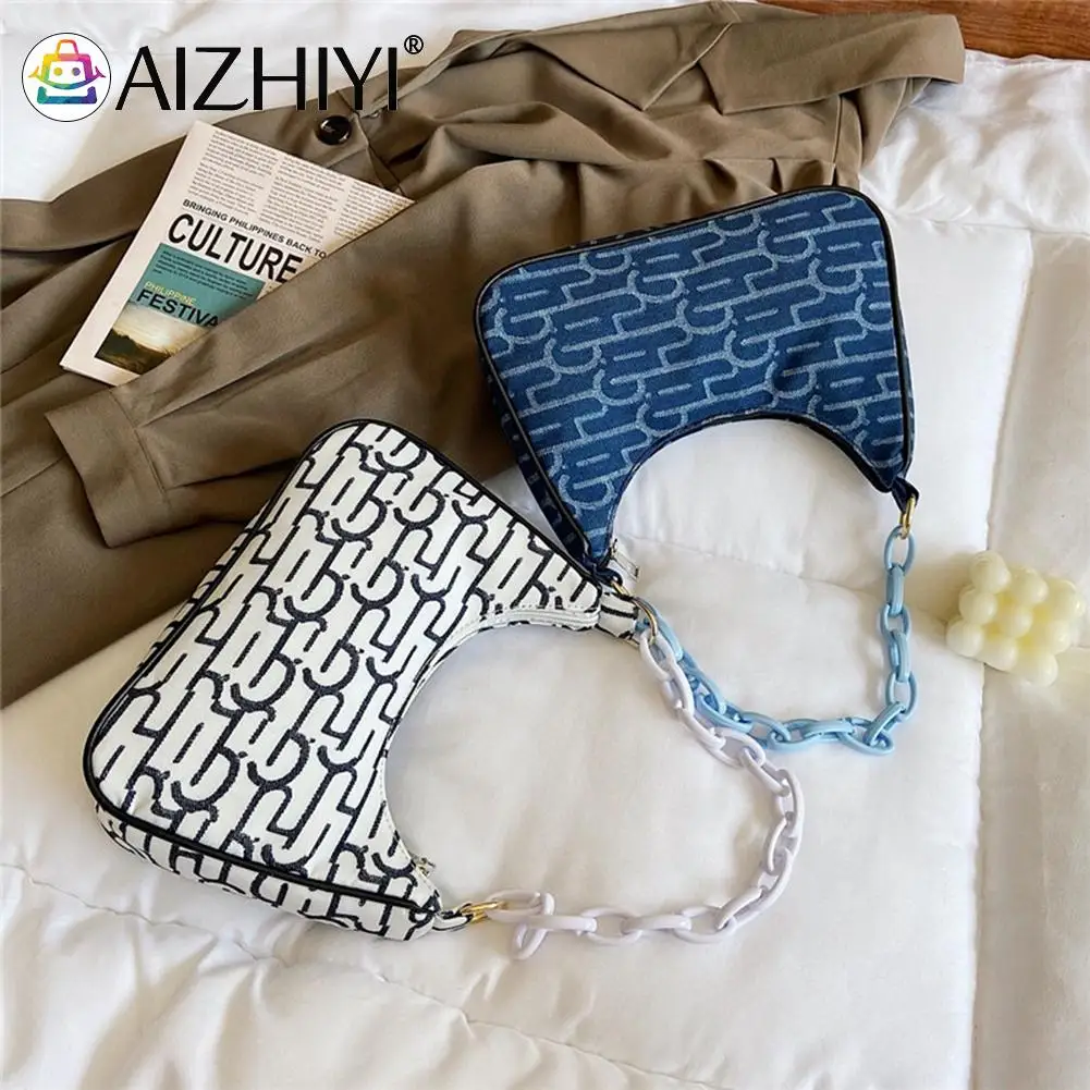 

Mini Shoulder Bags Retro Women Printing Shoulder Nylon Underarm Bag Casual Acrylic Chain Hobos Handbags for Women