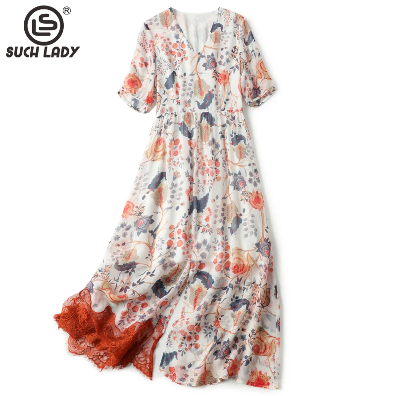 

Женское платье из натурального шелка, Элегантное летнее платье с V-образным вырезом и короткими рукавами, кружевное лоскутное платье с обор...