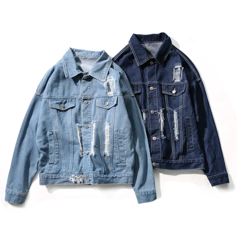 Мужская джинсовая куртка-бомбер Повседневная синяя рваная куртка с отложным