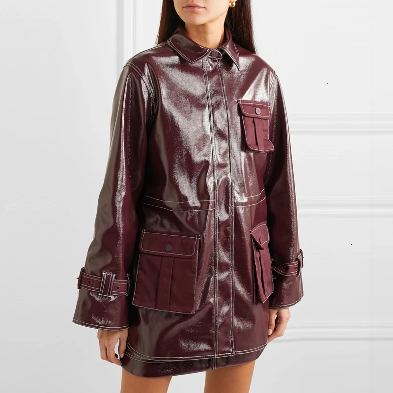 Повседневные женские Куртки из искусственной кожи воротник с лацканами длинный