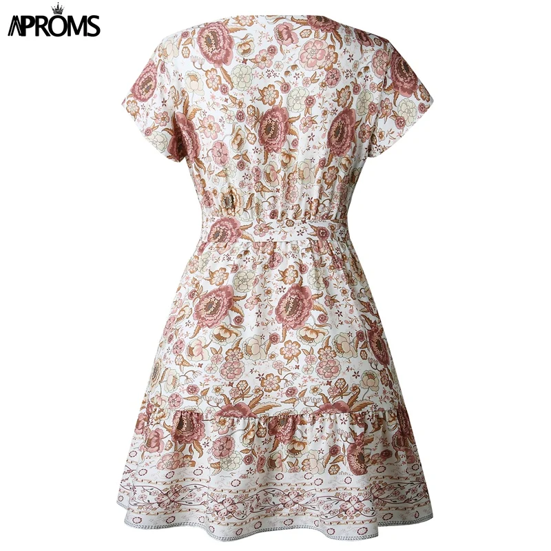 Aproms богемное женское мини-платье с цветочным принтом, элегантное платье с рюшами и v-образным вырезом, женское летнее пляжное платье
