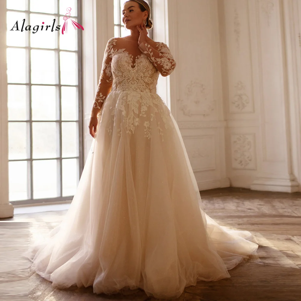 

Alagirls Jewel Plus Size Wedding Dresse A-line Tulle Lace Bridal Gown With Long Sleeves Ivory Bridal Dress Vestido de Novia 2021