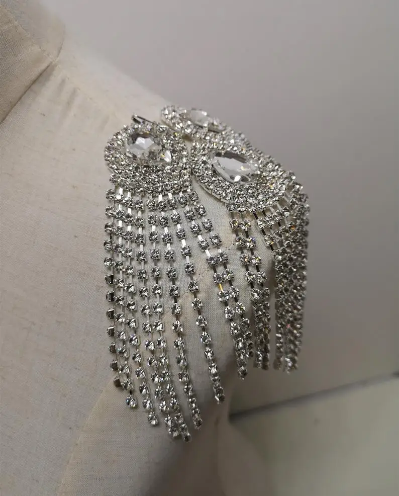 A Pair Shoulder Jewelry Tassel Rhinestones fringe Epaulettes Clothing Accessories Brooch Epaulet Crystal Brooches patch | Дом и сад